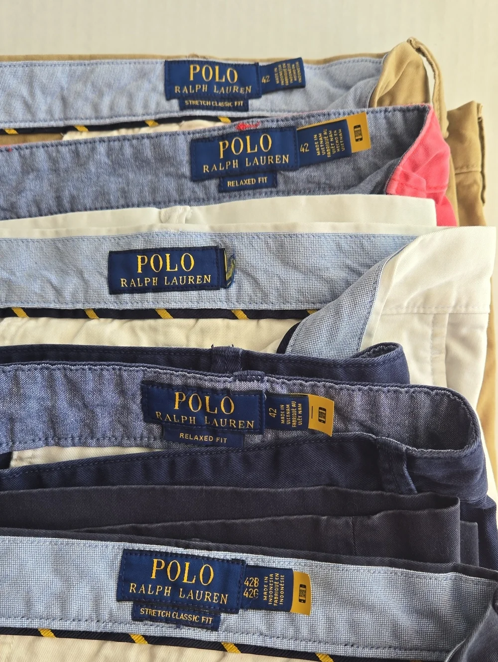 5 Pair Polo by Ralph Lauren Shorts in Red, Khaki, Navy (2), & Off-White, Size 42